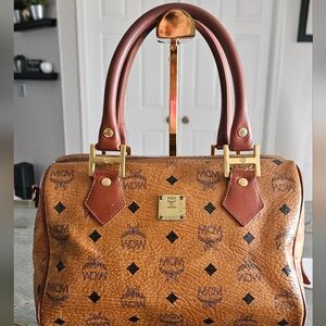 MCM Brown Logo Handbag with Gold Accents